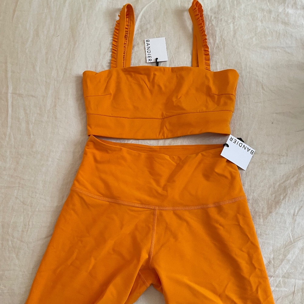 Bandier Sincerely Jules Orange Ruffle Bra and Biker Shorts Set *NWT*